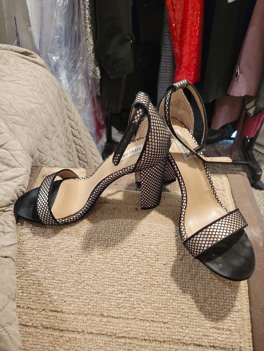 Steve Madden Black and White Mesh Ankle-Strap Block Heels